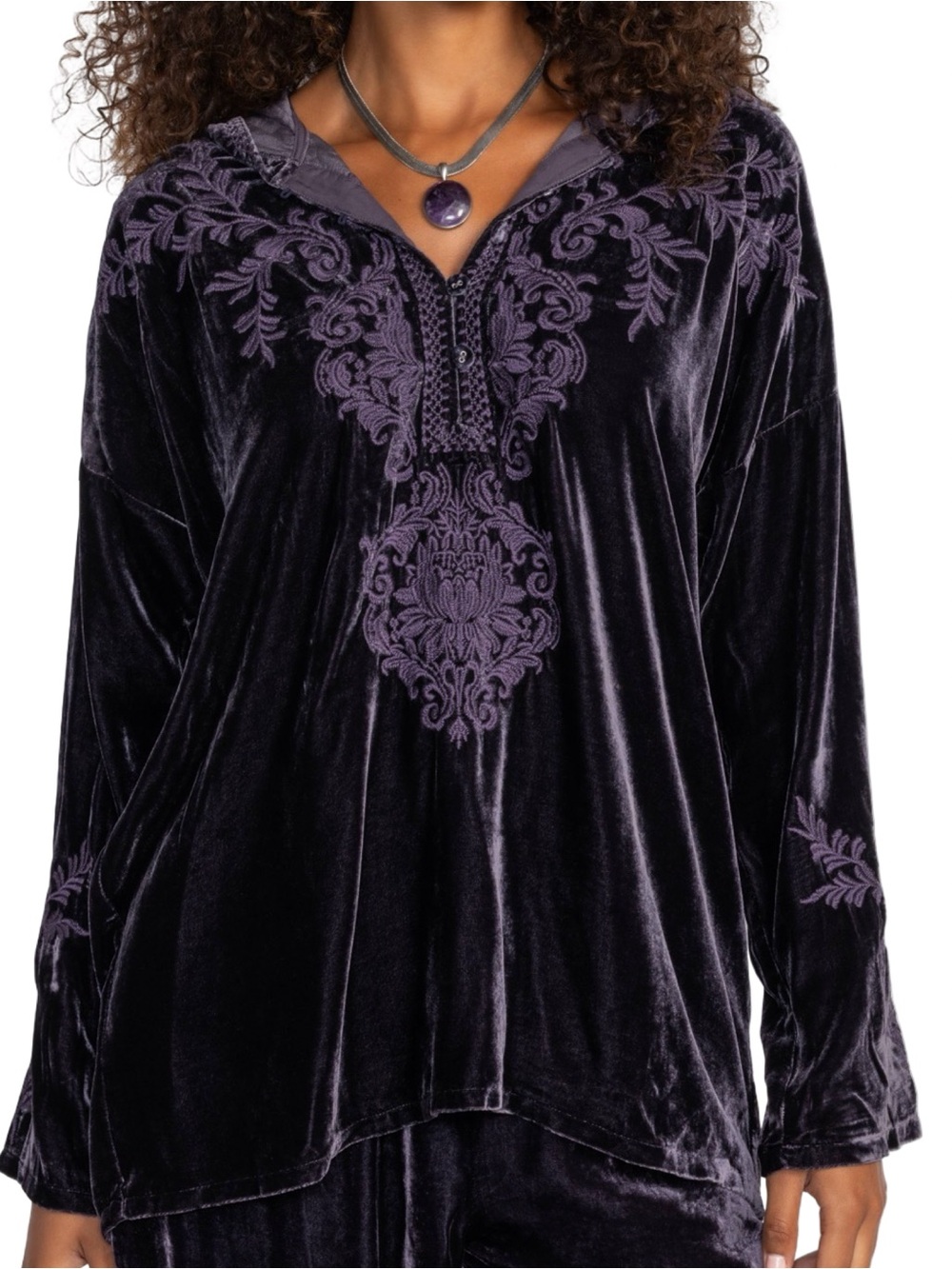 Johnny Was Women’s Size S Deep Purple Velvet Embroidered Hooded Shirt Top